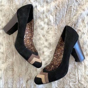 Missoni for Target Black Suede Block Heel Pumps with Tan Chevron Detail